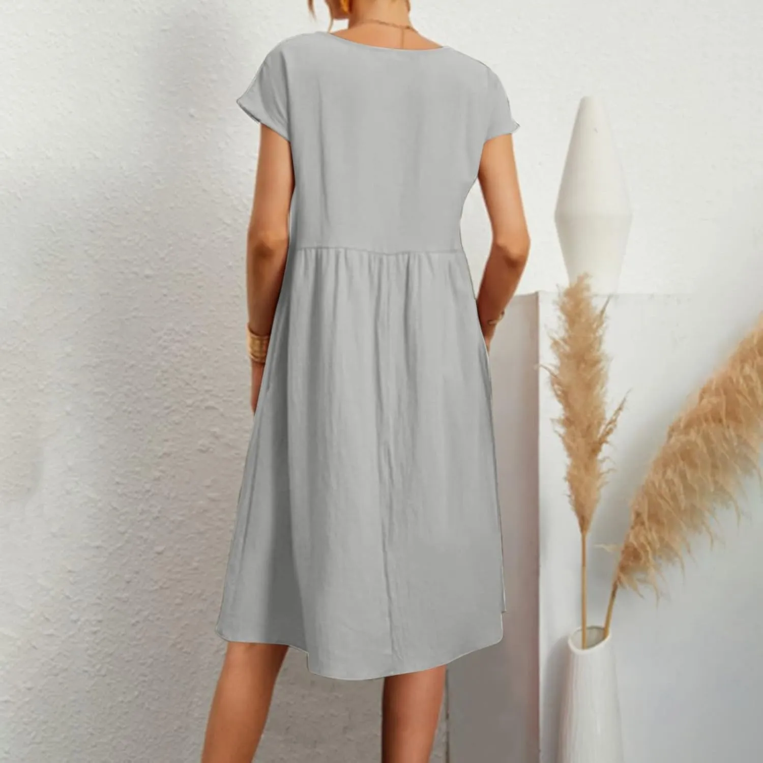 FZYLQY Women Summer Dresses Cotton Linen Short Sleeve Dress Crew Neck Loose Midi Dress Casual Tunic Beach Dress with Pockets