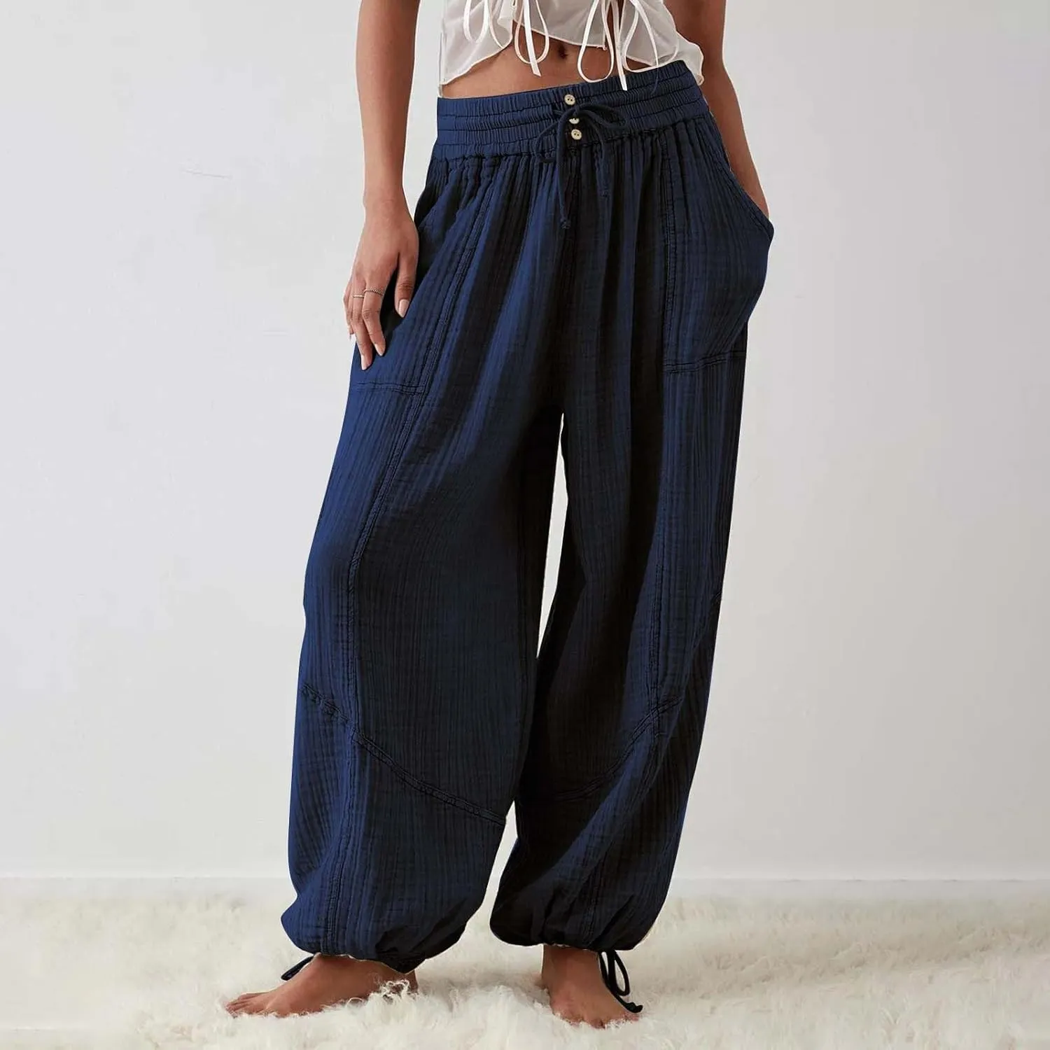 GIERIDUC Womens Casual Loose Fit Wide LegSummer Beach Drawstring Y2K Trendy Baggy Pants Trousers with Pockets