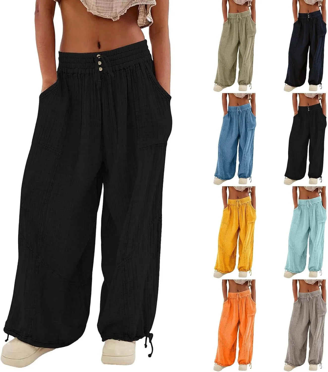 GIERIDUC Womens Casual Loose Fit Wide LegSummer Beach Drawstring Y2K Trendy Baggy Pants Trousers with Pockets