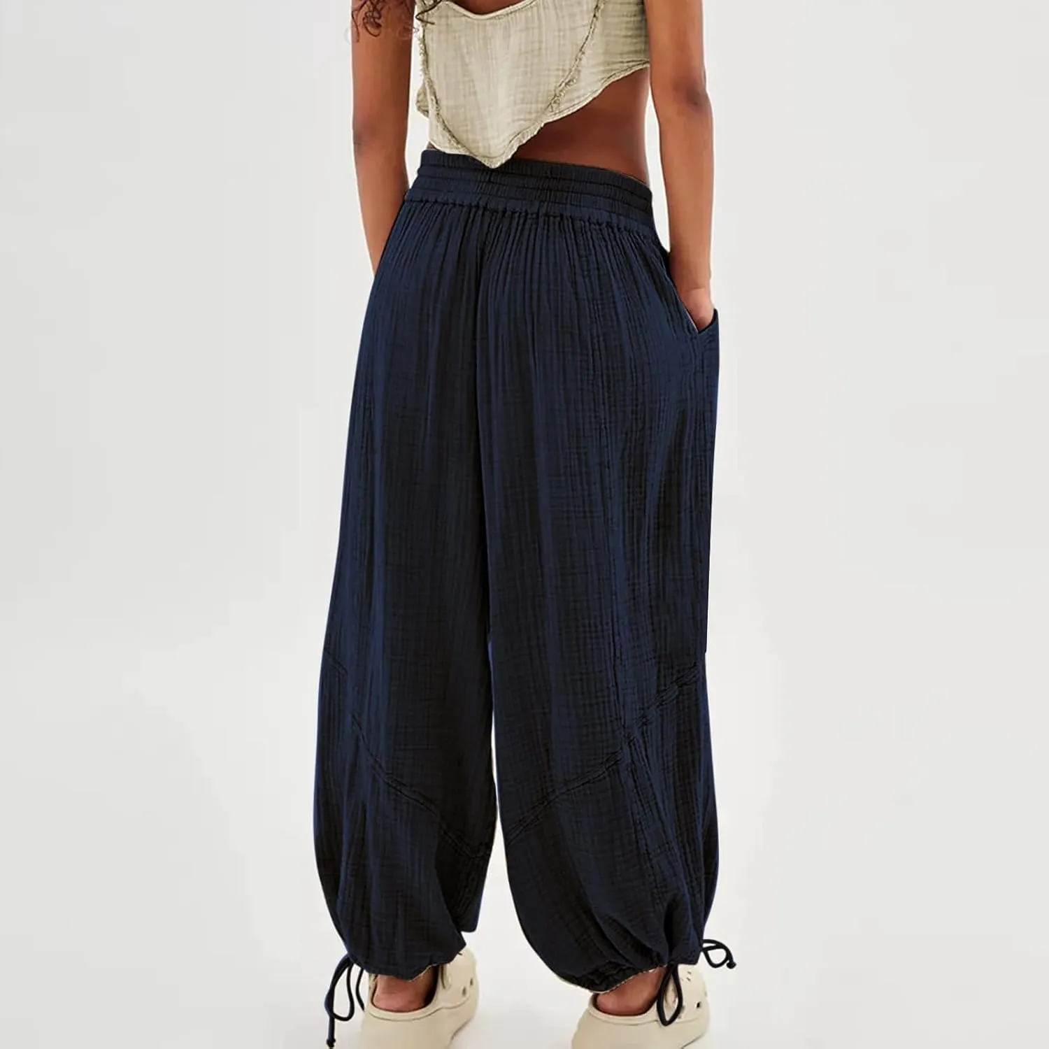 GIERIDUC Womens Casual Loose Fit Wide LegSummer Beach Drawstring Y2K Trendy Baggy Pants Trousers with Pockets