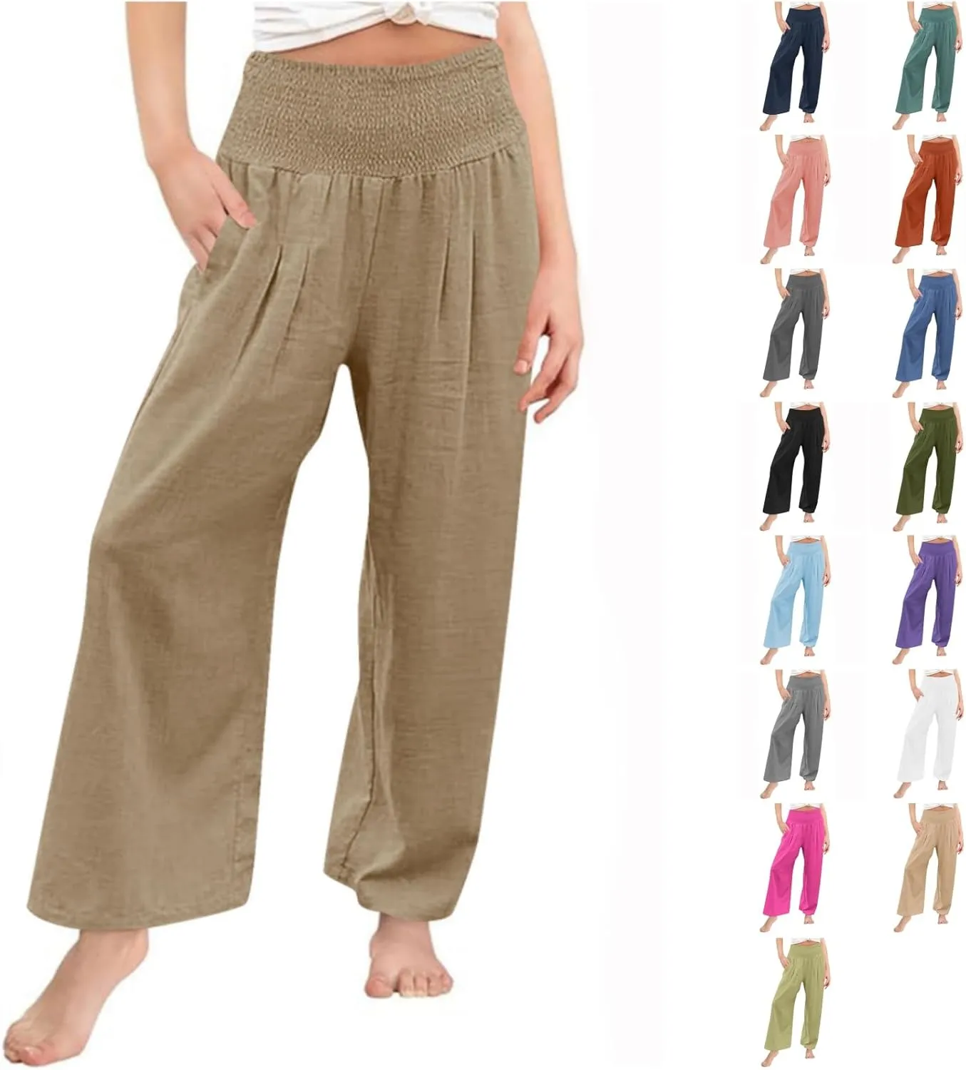 Girls Linen Pants Summer Boho Wide Leg Pleated High Waist Trousers Kids Y2K Aesthetic Baggy Elastic Palazzo Pants