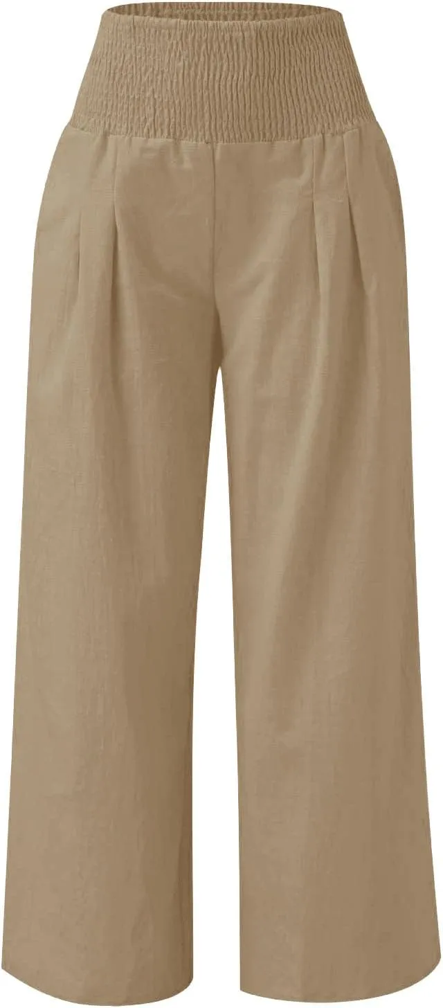 Girls Linen Pants Summer Boho Wide Leg Pleated High Waist Trousers Kids Y2K Aesthetic Baggy Elastic Palazzo Pants