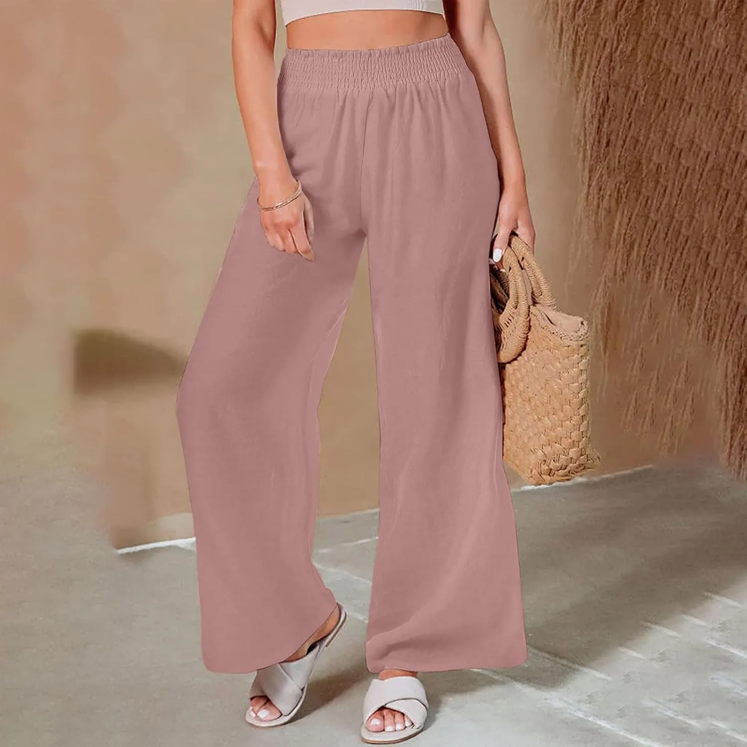 High Cut Flare Wide Leg Trousers Pants for Women Summer Fall Linen Loose Fit Trousers Pants Women 2025