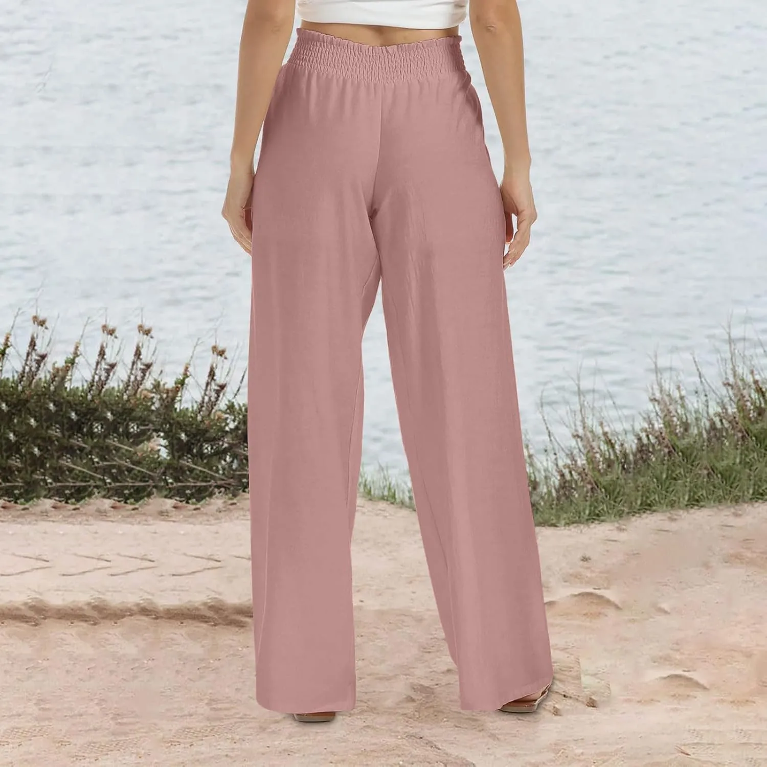 High Cut Flare Wide Leg Trousers Pants for Women Summer Fall Linen Loose Fit Trousers Pants Women 2025