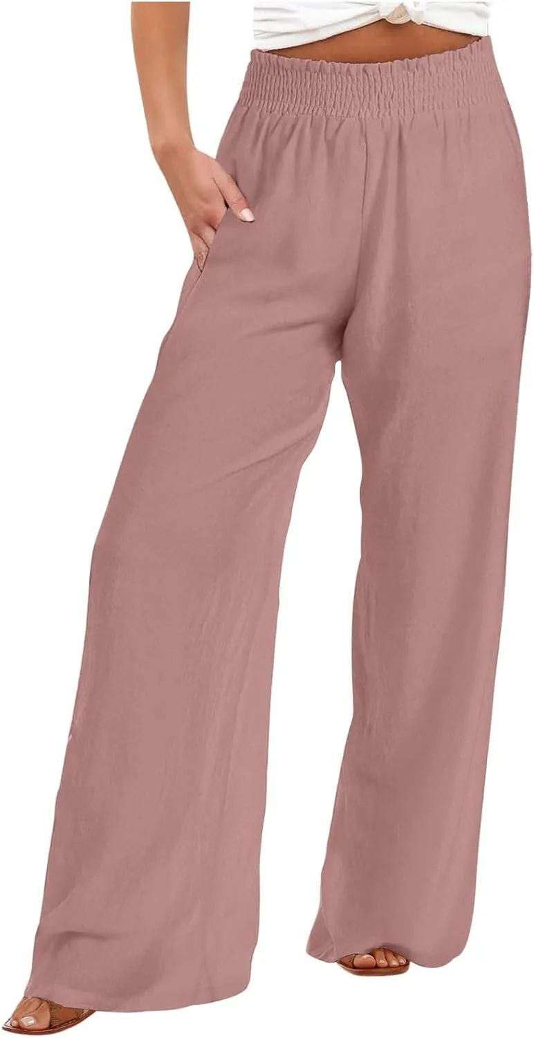 High Cut Flare Wide Leg Trousers Pants for Women Summer Fall Linen Loose Fit Trousers Pants Women 2025