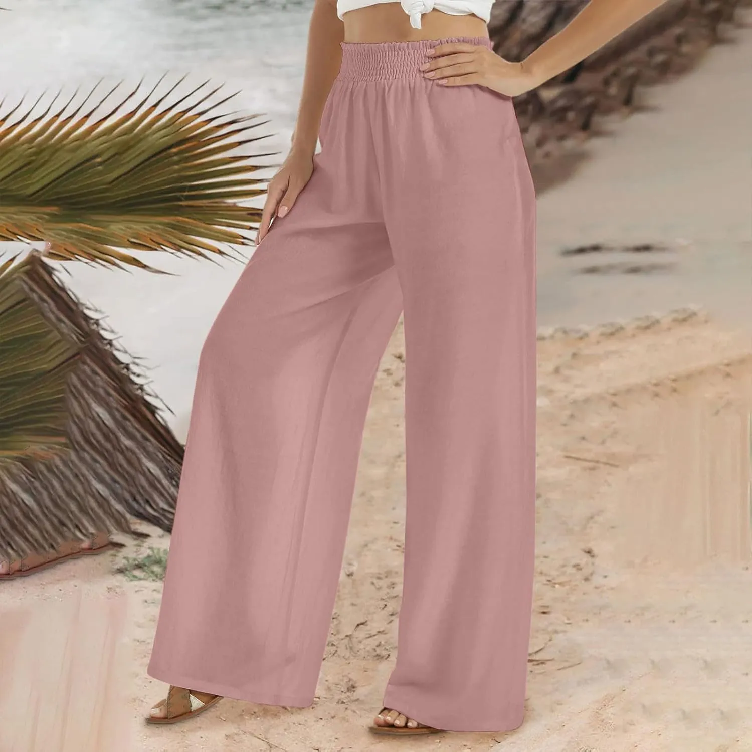 High Cut Flare Wide Leg Trousers Pants for Women Summer Fall Linen Loose Fit Trousers Pants Women 2025
