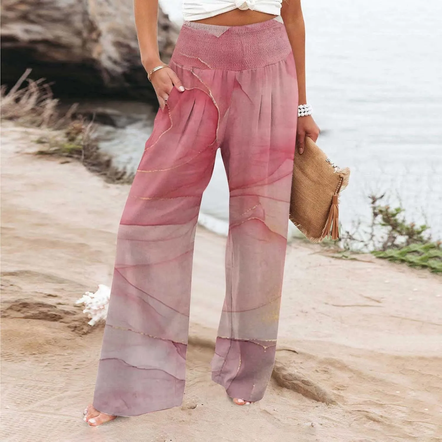 High Cut Flare Wide Leg Trousers Pants for Women Summer Fall Linen Loose Fit Trousers Pants Women 2025
