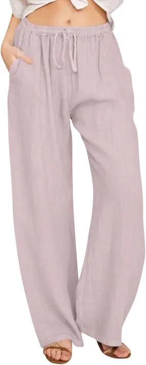 Linen Pants Women Casual Summer Drawstring Waist Wide Leg Pants with Pockets Baggy Lightweight Beach Trousers