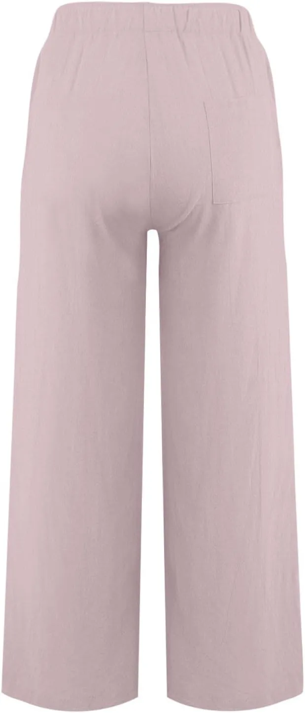 Linen Pants Women Casual Summer Drawstring Waist Wide Leg Pants with Pockets Baggy Lightweight Beach Trousers