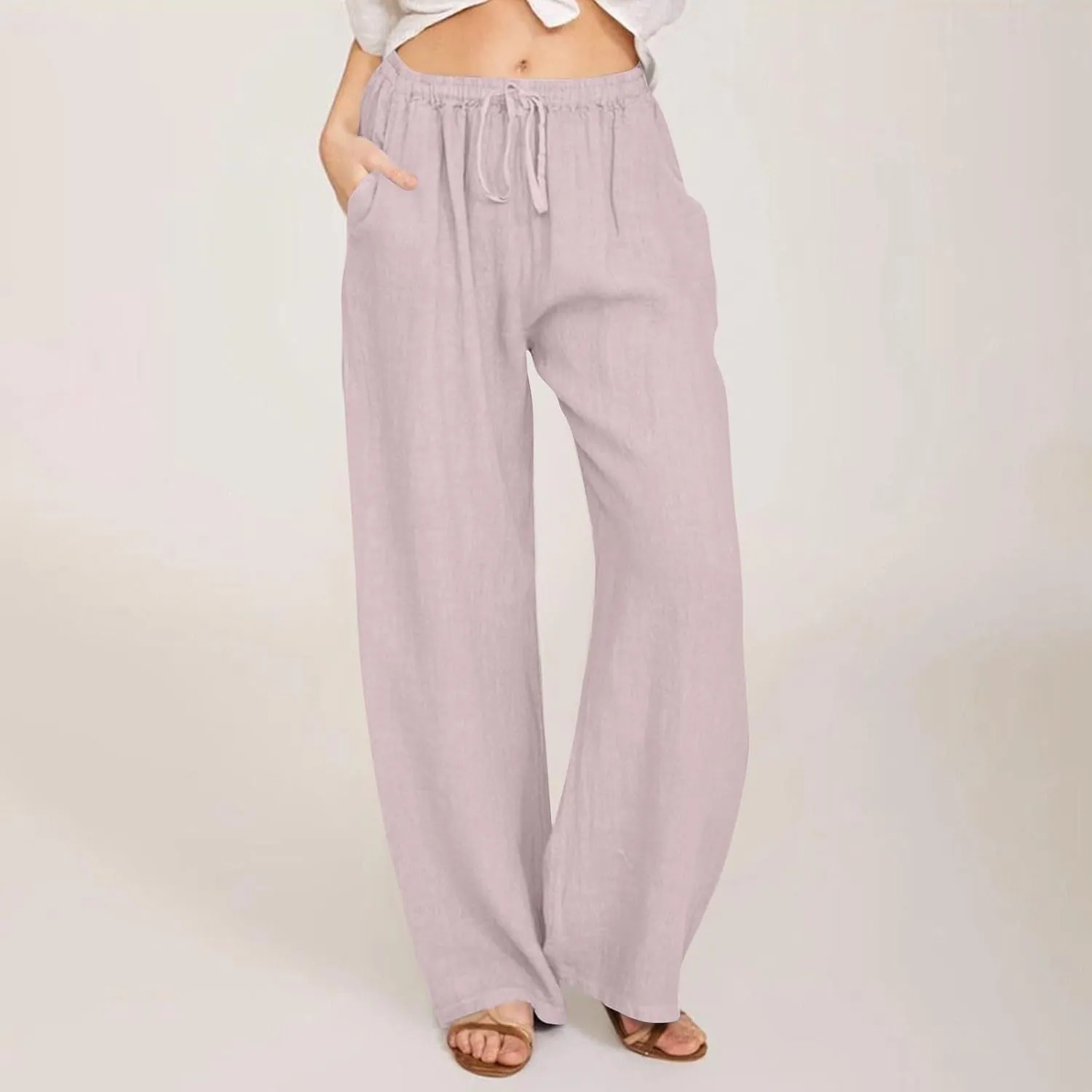 Linen Pants Women Casual Summer Drawstring Waist Wide Leg Pants with Pockets Baggy Lightweight Beach Trousers