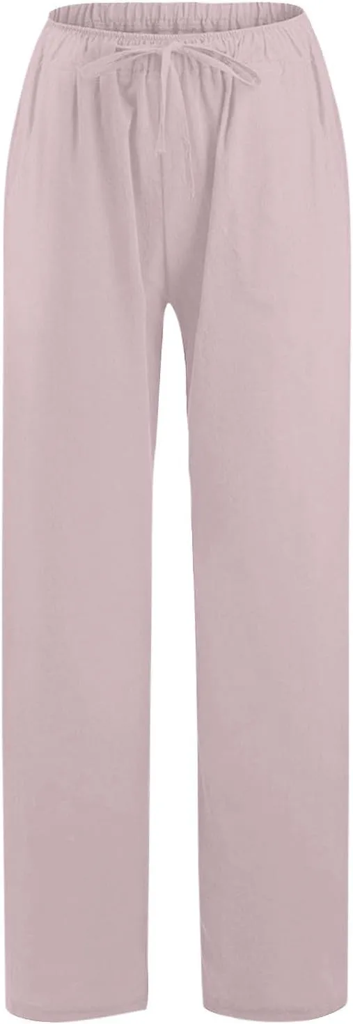 Linen Pants Women Casual Summer Drawstring Waist Wide Leg Pants with Pockets Baggy Lightweight Beach Trousers
