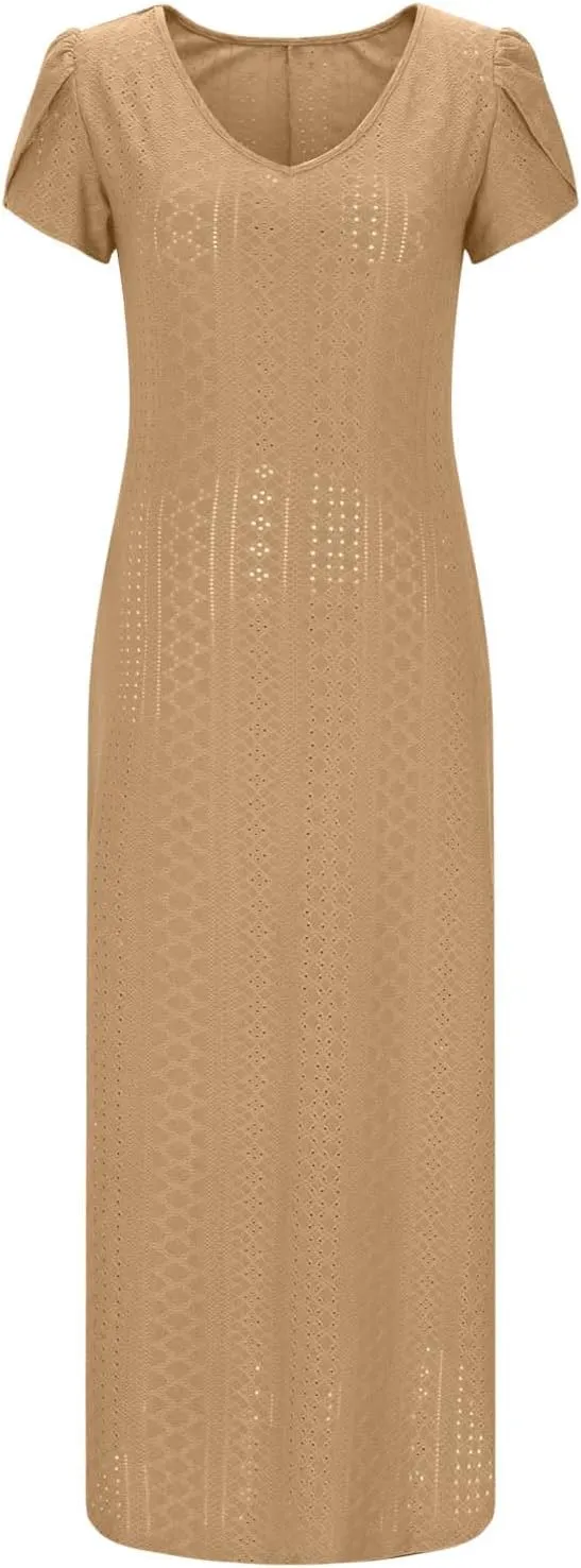 Maxi Dresses for Women 2025 Eyelet Casual Short Sleeve V-Neck Sundress Flowy Empire Waist Fashion Summer Dress