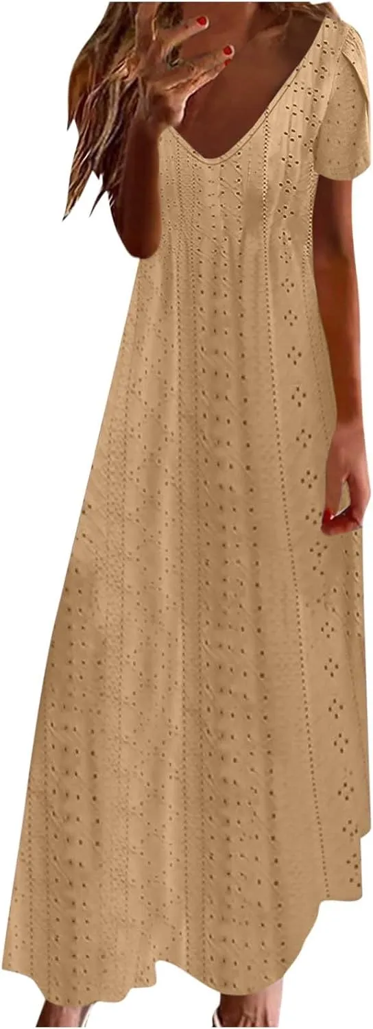 Maxi Dresses for Women 2025 Eyelet Casual Short Sleeve V-Neck Sundress Flowy Empire Waist Fashion Summer Dress