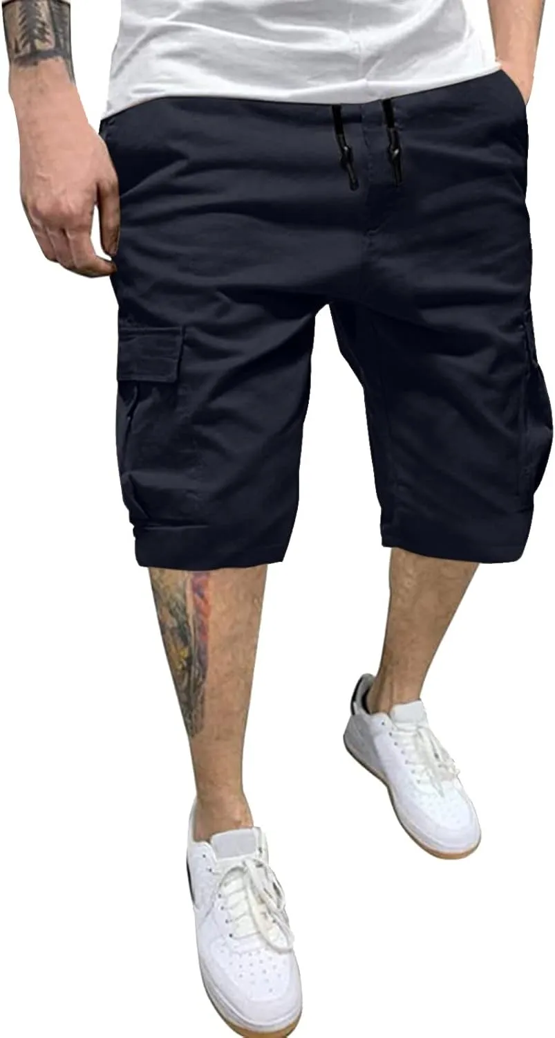 Mens Casual Twill Cargo Shorts Cotton Drawstring Classic Cargo Stretch Short with 6 Pockets Cargo Shorts Drawstring Shorts