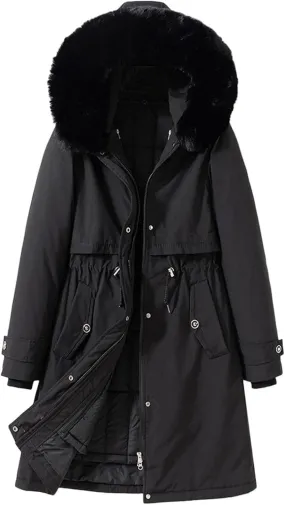 NATHGAM Women's Winter Hooded Coat Fleece Cotton Detachable Down Coat Warm Long Puffer Jacket Parka with Large Fur Collar