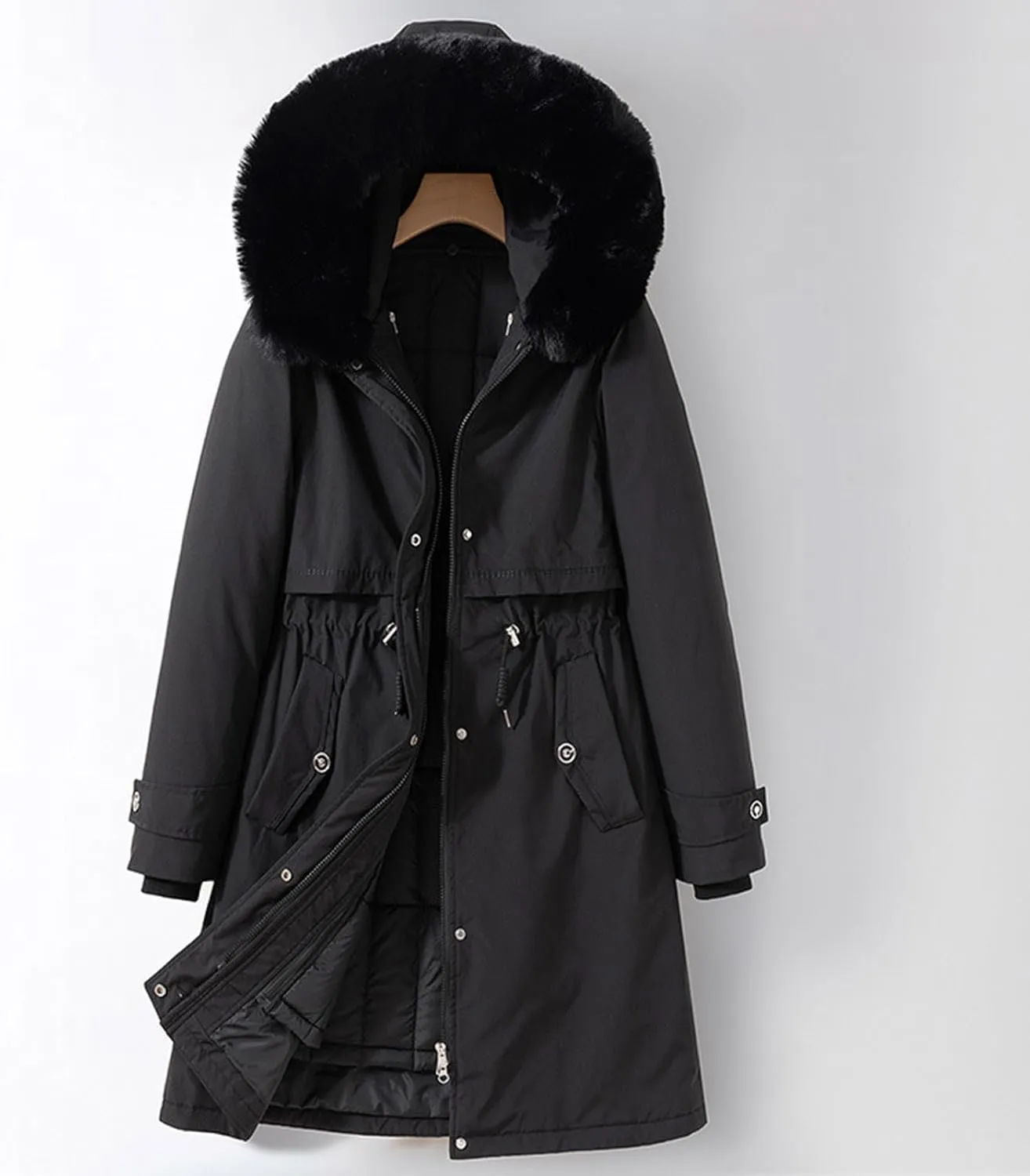 NATHGAM Women's Winter Hooded Coat Fleece Cotton Detachable Down Coat Warm Long Puffer Jacket Parka with Large Fur Collar