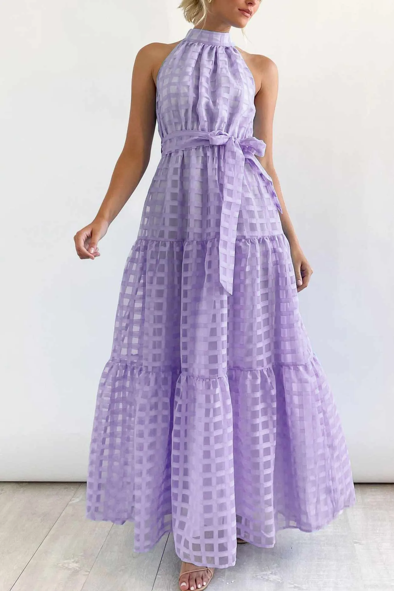 Plaid Halterneck Waist-Tie Sleeveless Dress