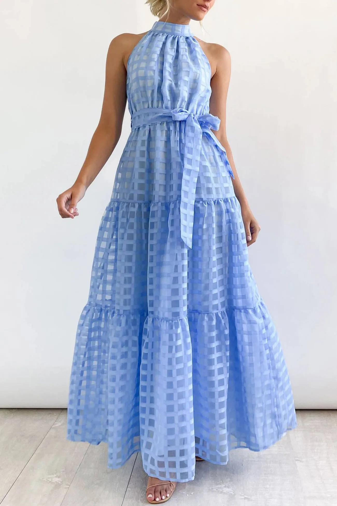 Plaid Halterneck Waist-Tie Sleeveless Dress