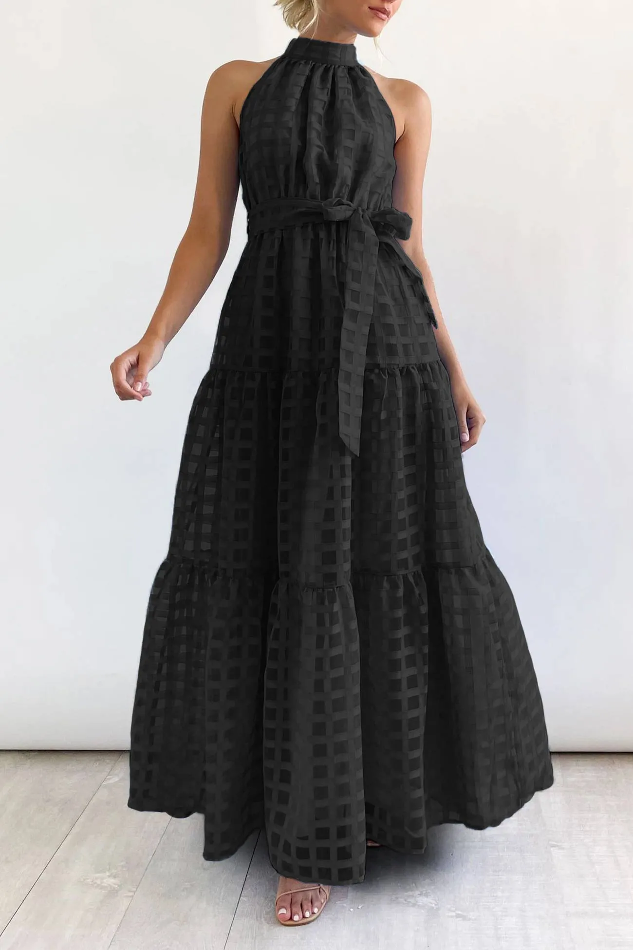 Plaid Halterneck Waist-Tie Sleeveless Dress