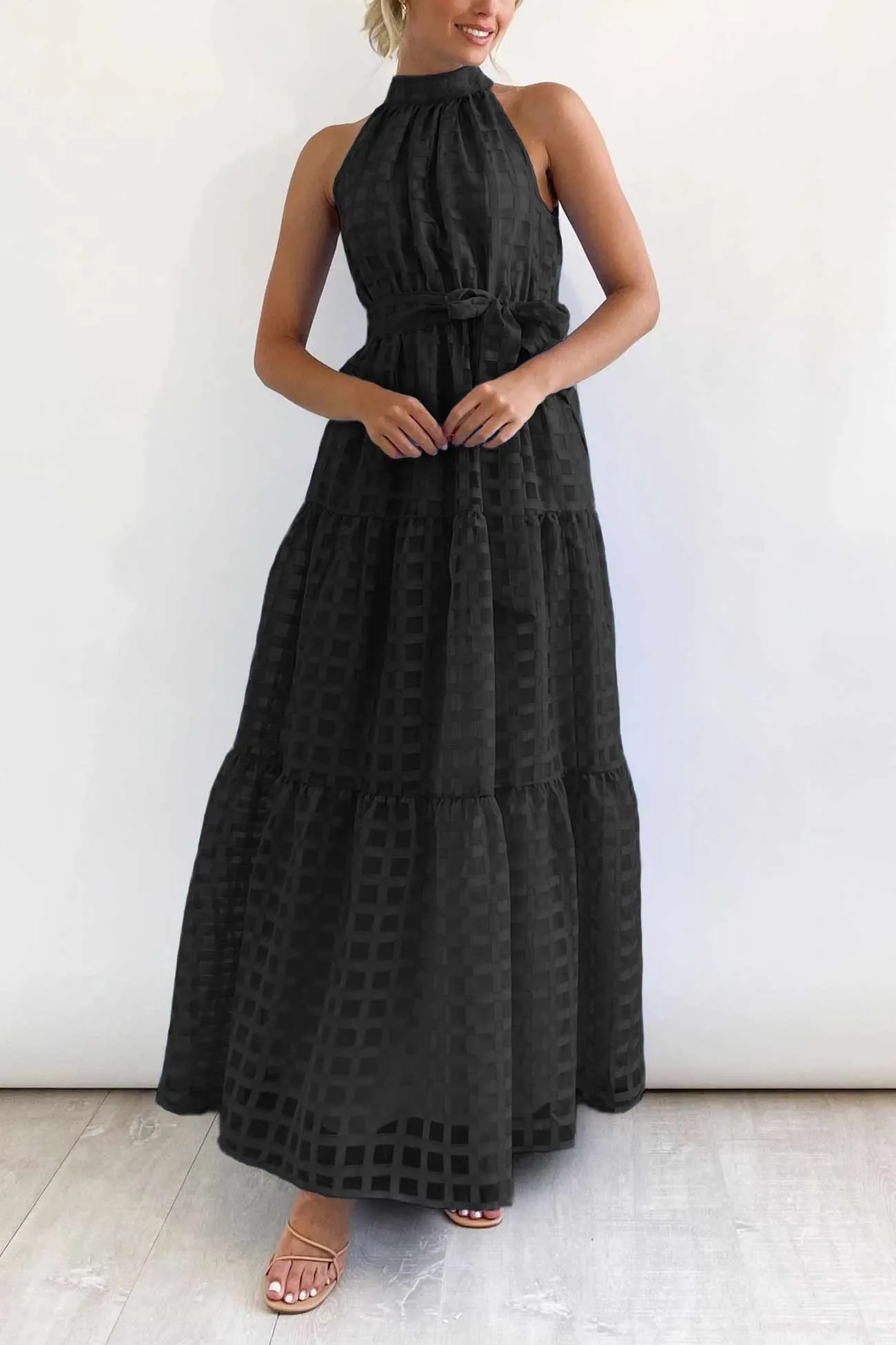 Plaid Halterneck Waist-Tie Sleeveless Dress