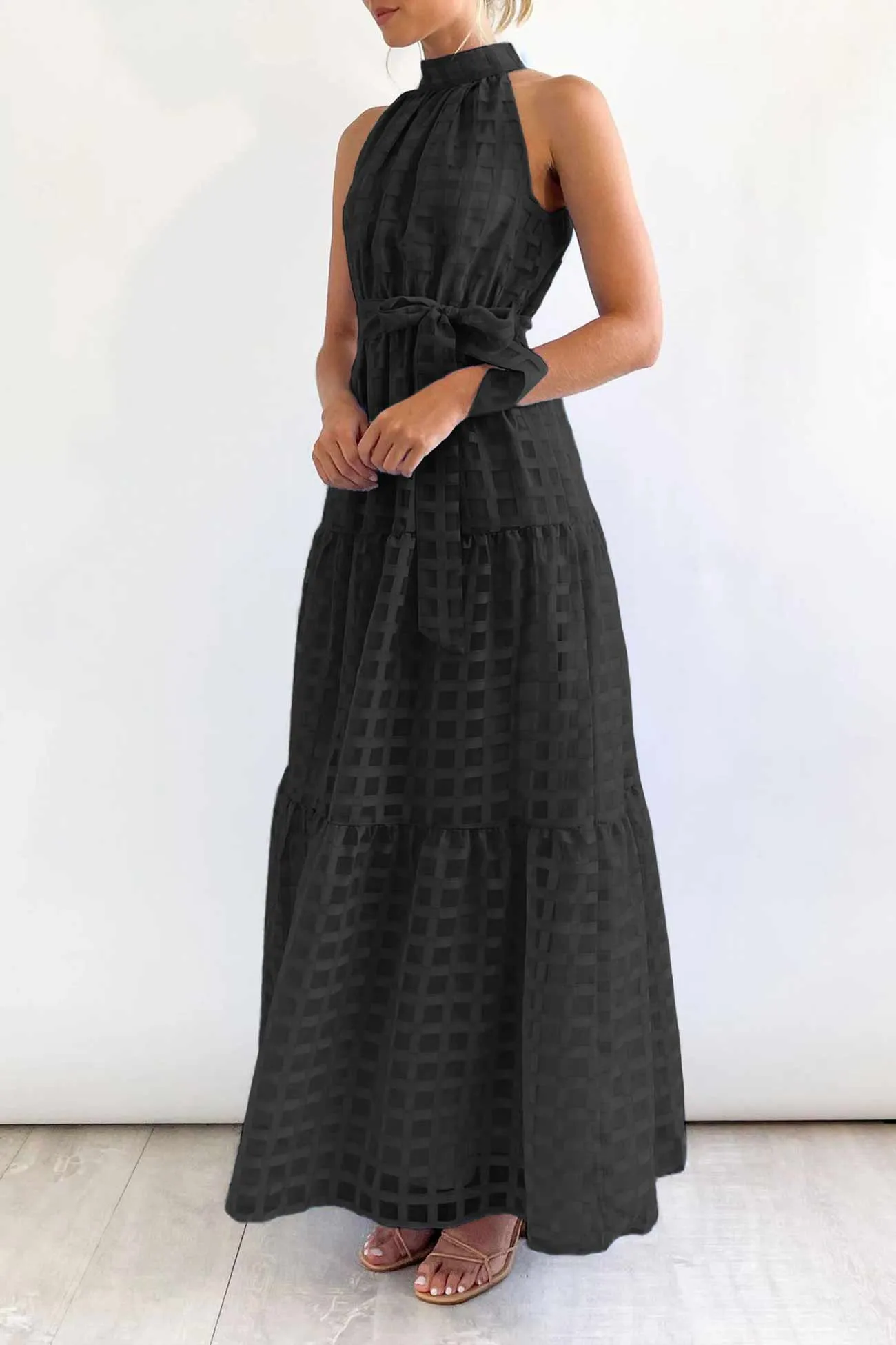 Plaid Halterneck Waist-Tie Sleeveless Dress
