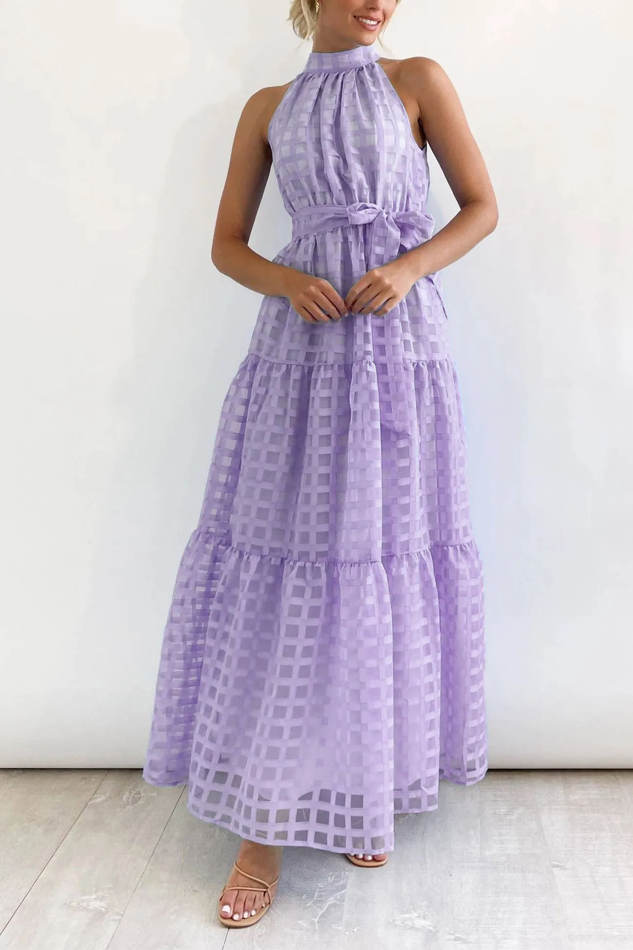 Plaid Halterneck Waist-Tie Sleeveless Dress