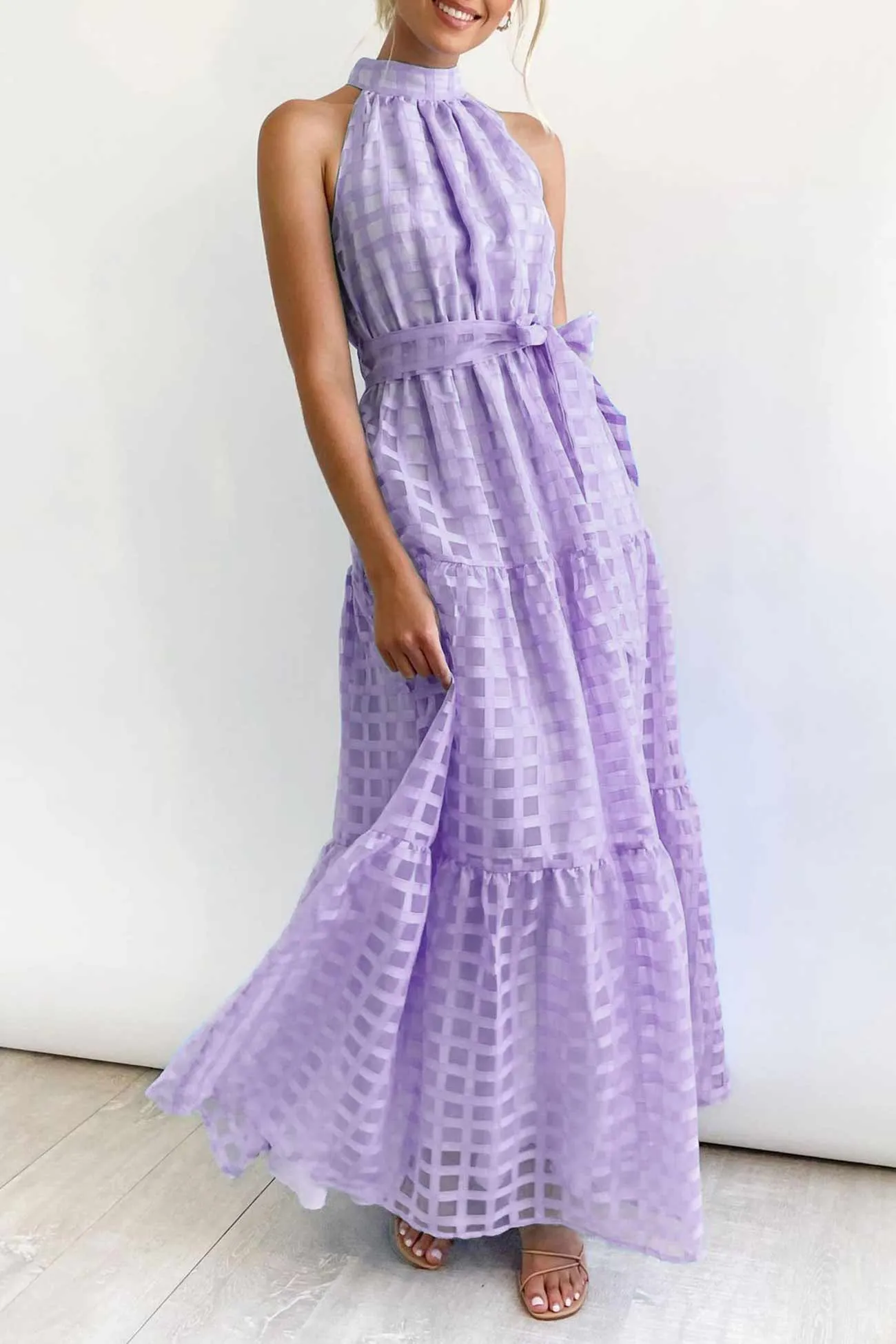 Plaid Halterneck Waist-Tie Sleeveless Dress