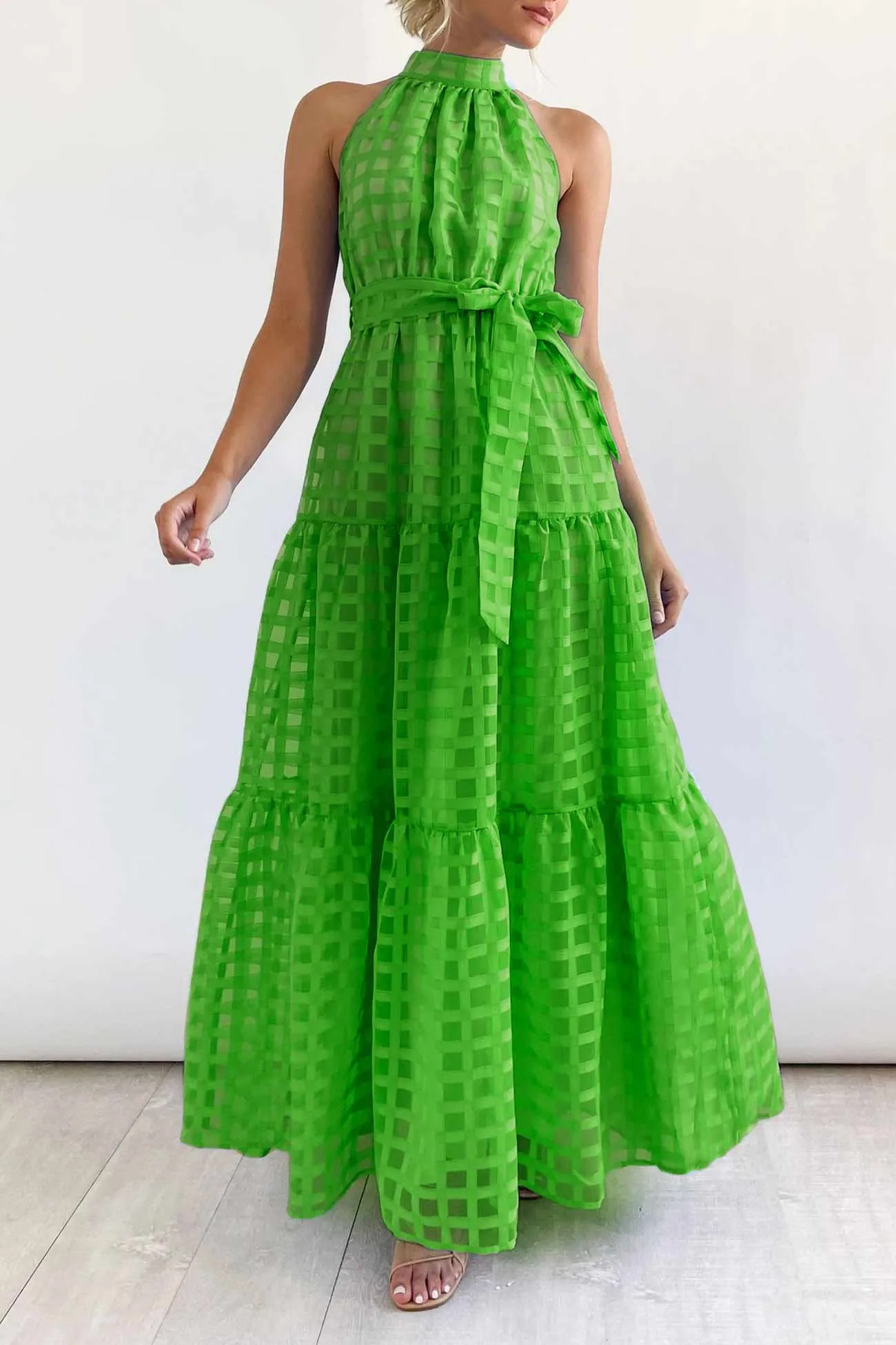 Plaid Halterneck Waist-Tie Sleeveless Dress