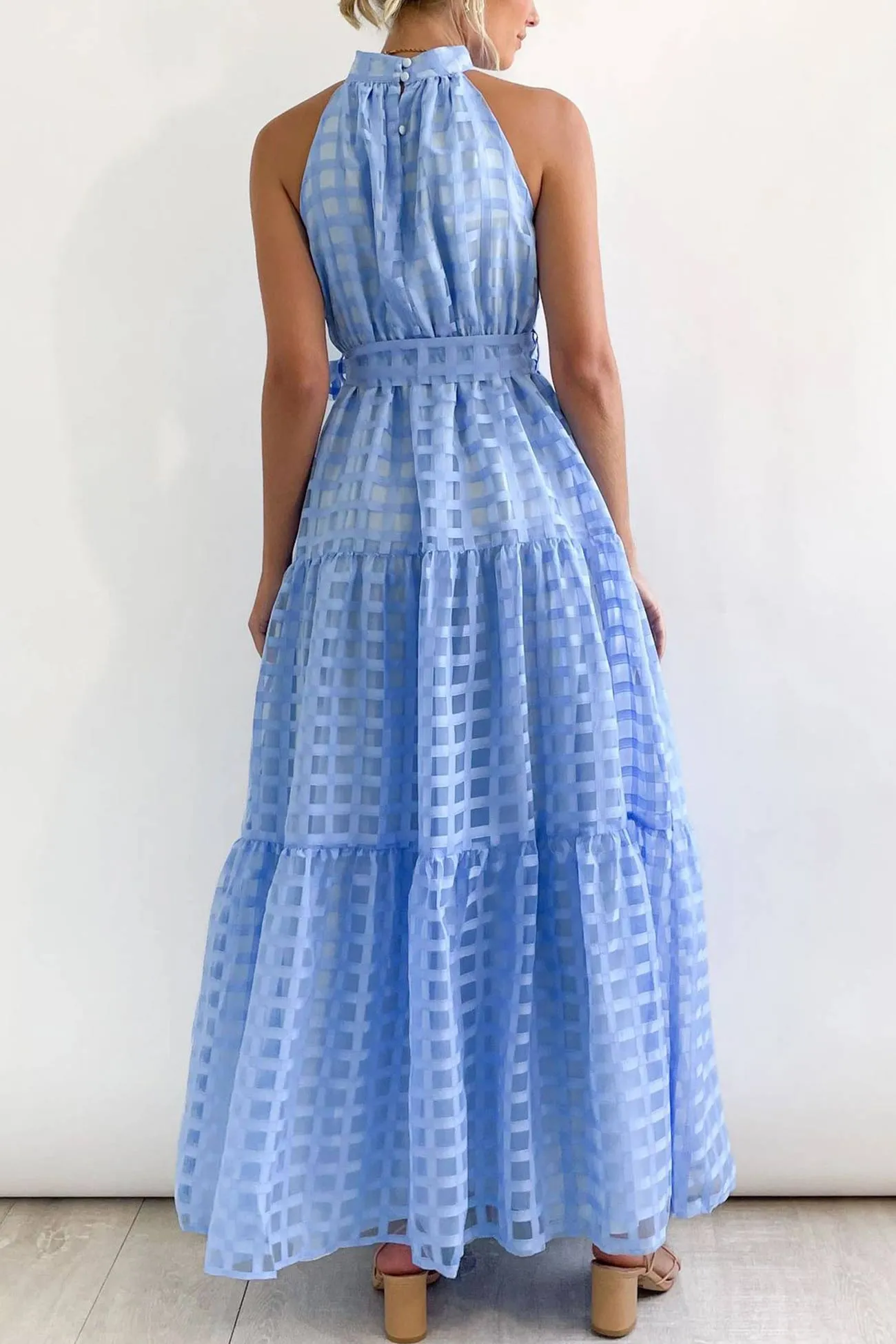 Plaid Halterneck Waist-Tie Sleeveless Dress