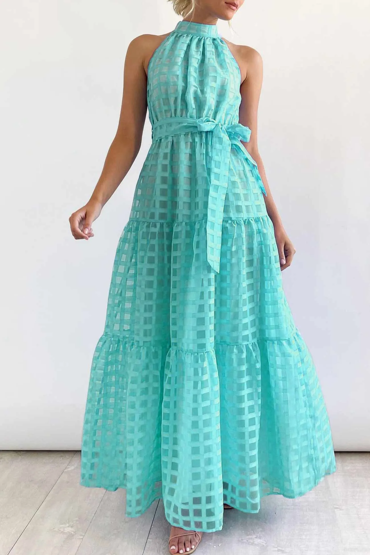 Plaid Halterneck Waist-Tie Sleeveless Dress