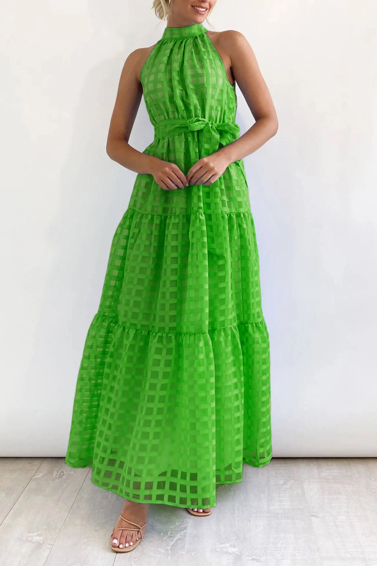 Plaid Halterneck Waist-Tie Sleeveless Dress