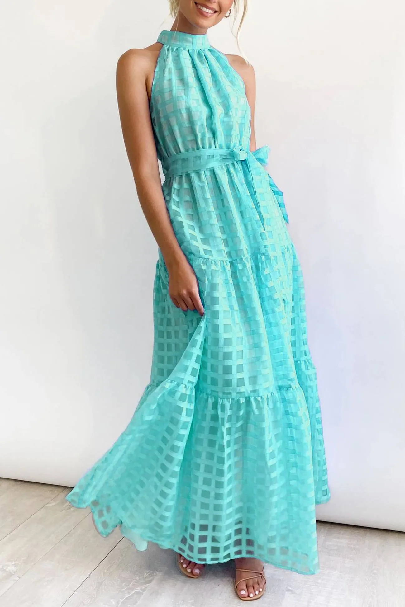 Plaid Halterneck Waist-Tie Sleeveless Dress