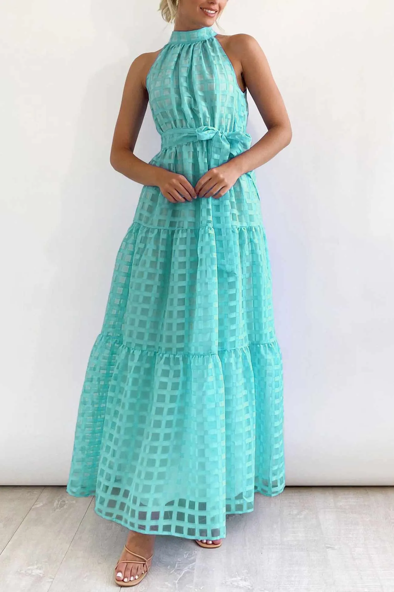 Plaid Halterneck Waist-Tie Sleeveless Dress