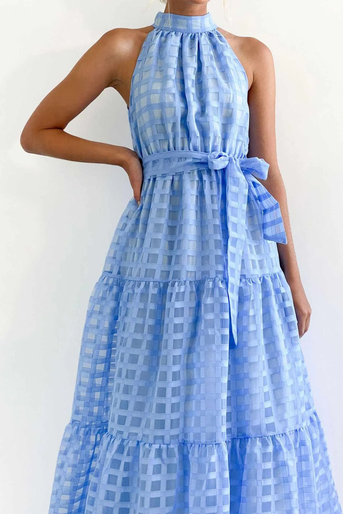 Plaid Halterneck Waist-Tie Sleeveless Dress