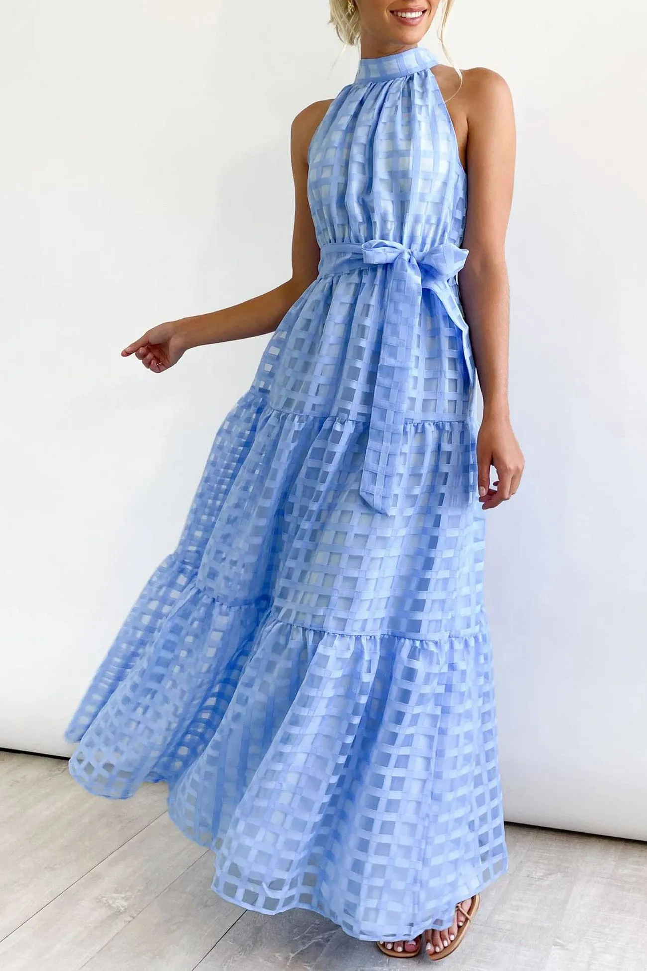 Plaid Halterneck Waist-Tie Sleeveless Dress