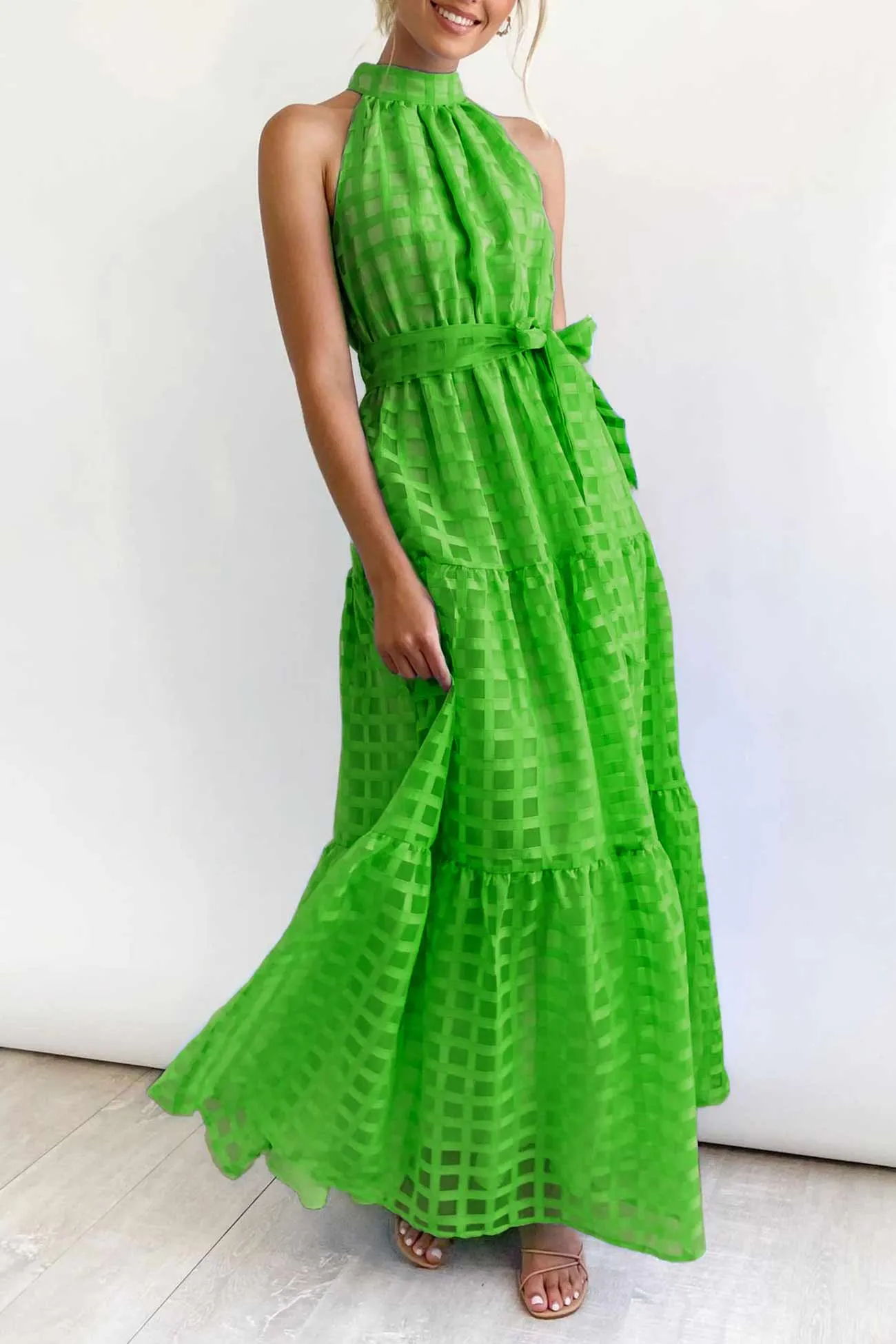Plaid Halterneck Waist-Tie Sleeveless Dress