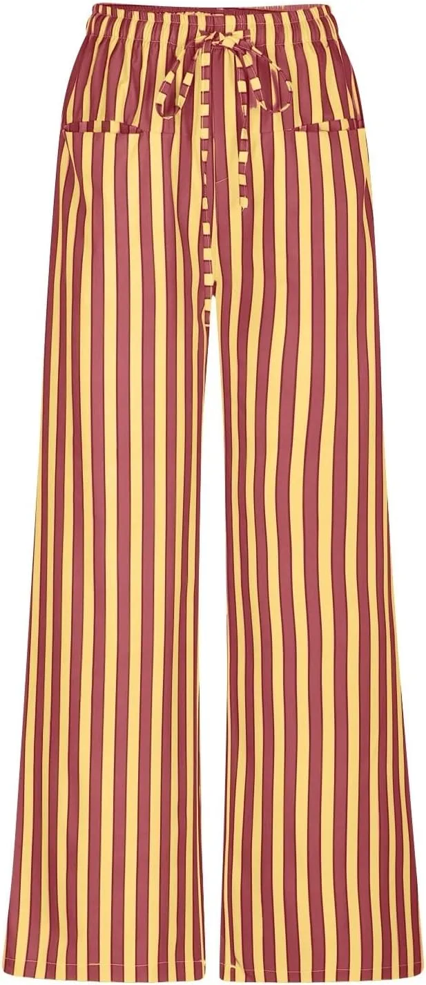 Striped Pants Women Drawstring Elastic Waist Wide Leg Pants Casual Vintage Straight Leg Trousers with Pockets