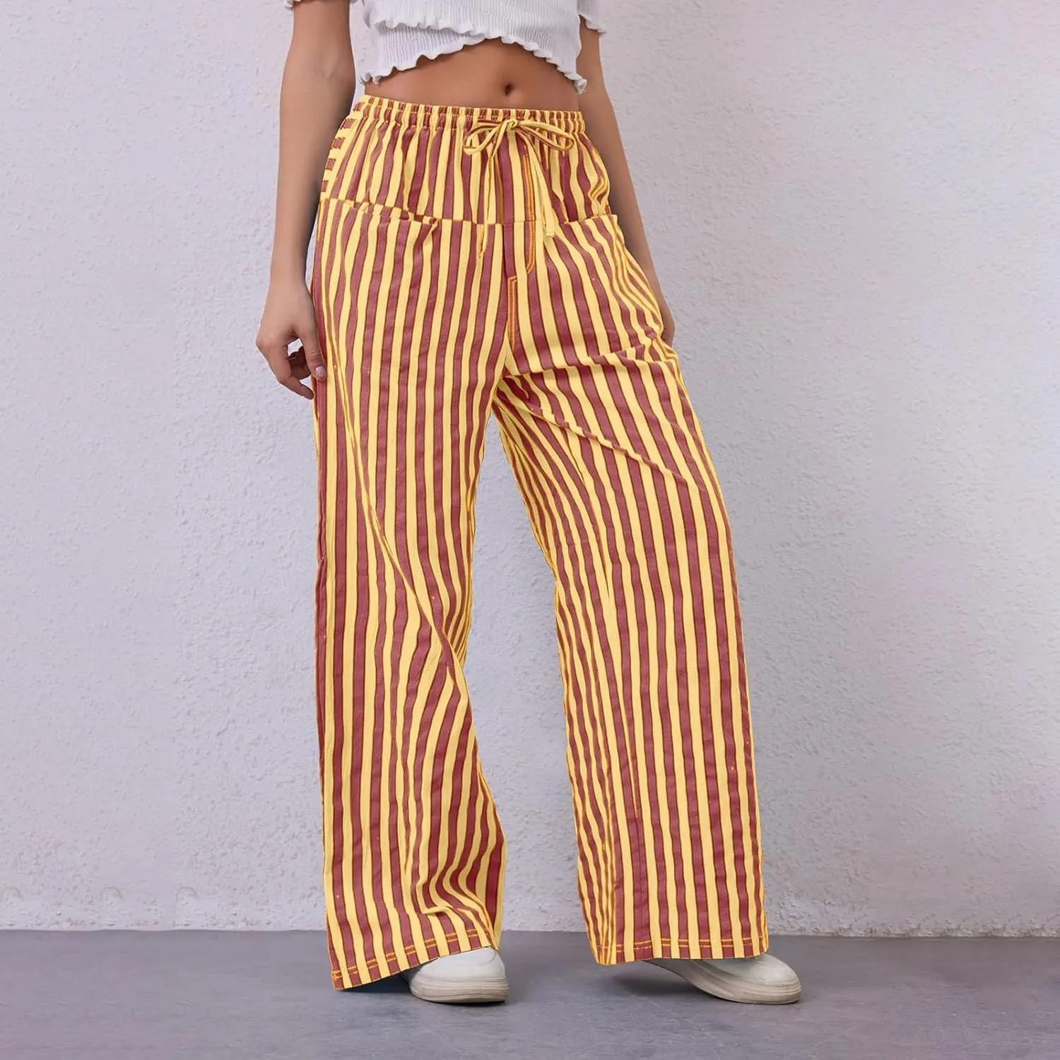 Striped Pants Women Drawstring Elastic Waist Wide Leg Pants Casual Vintage Straight Leg Trousers with Pockets