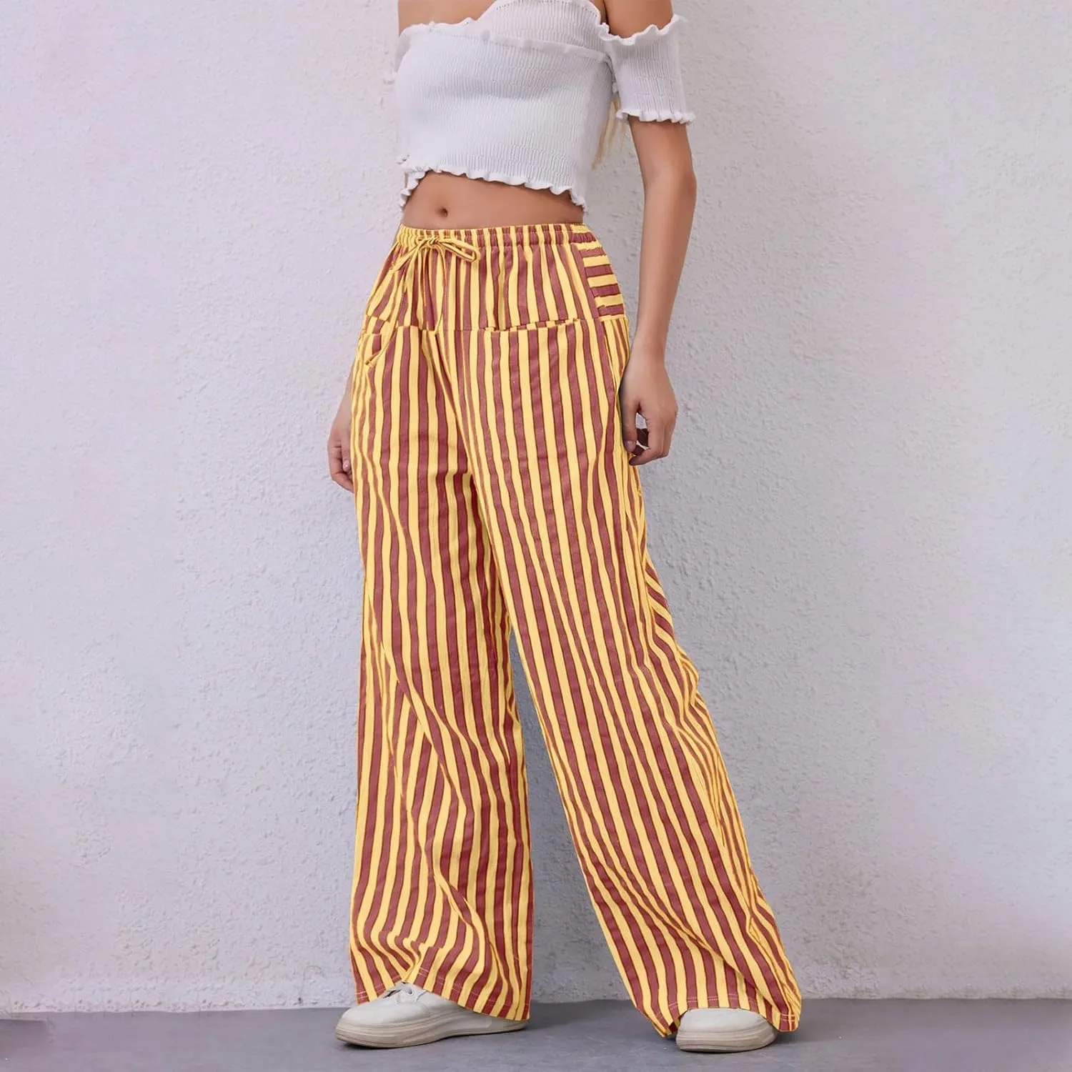 Striped Pants Women Drawstring Elastic Waist Wide Leg Pants Casual Vintage Straight Leg Trousers with Pockets