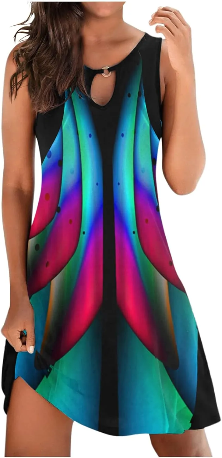 Summer Dresses for Women 2025,Women's V Neck Short Mini Dresses Floral Printed Sleeveless Tank Keyhole Casual Dress