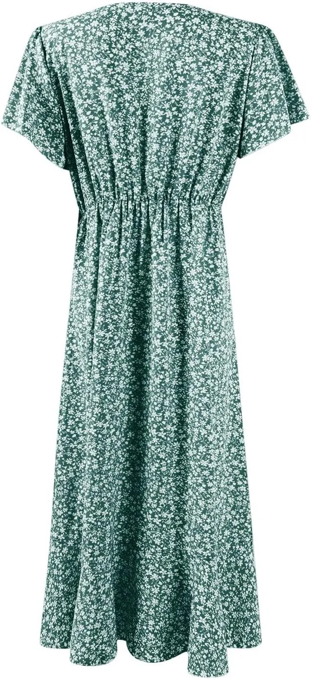 Summer Dresses for Women 2025,Womens Wrap V Neck Casual Dresses Floral Short Sleeve A-Line Ruffle Midi Sundress