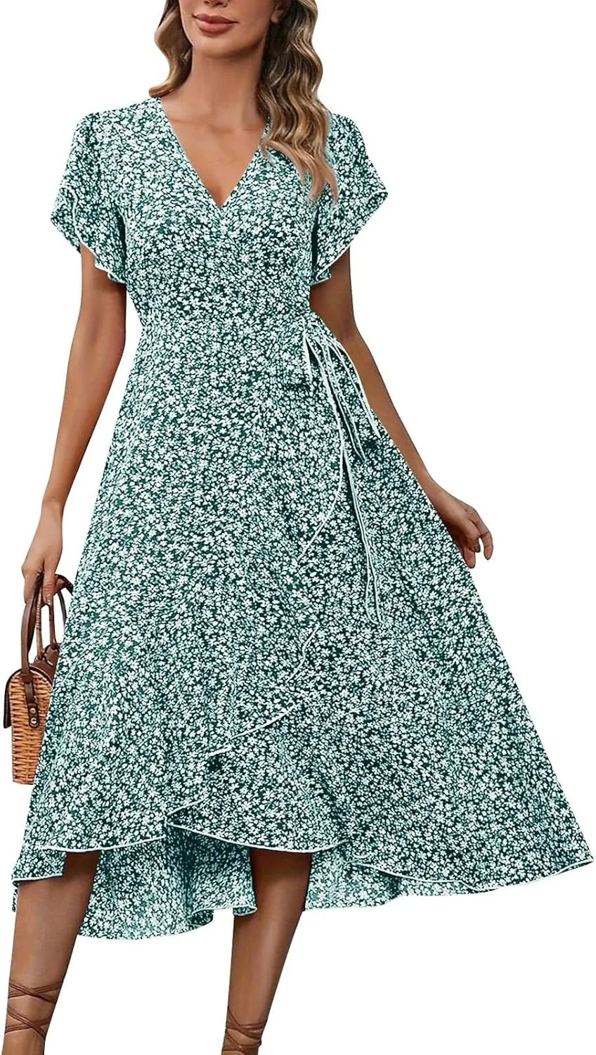 Summer Dresses for Women 2025,Womens Wrap V Neck Casual Dresses Floral Short Sleeve A-Line Ruffle Midi Sundress