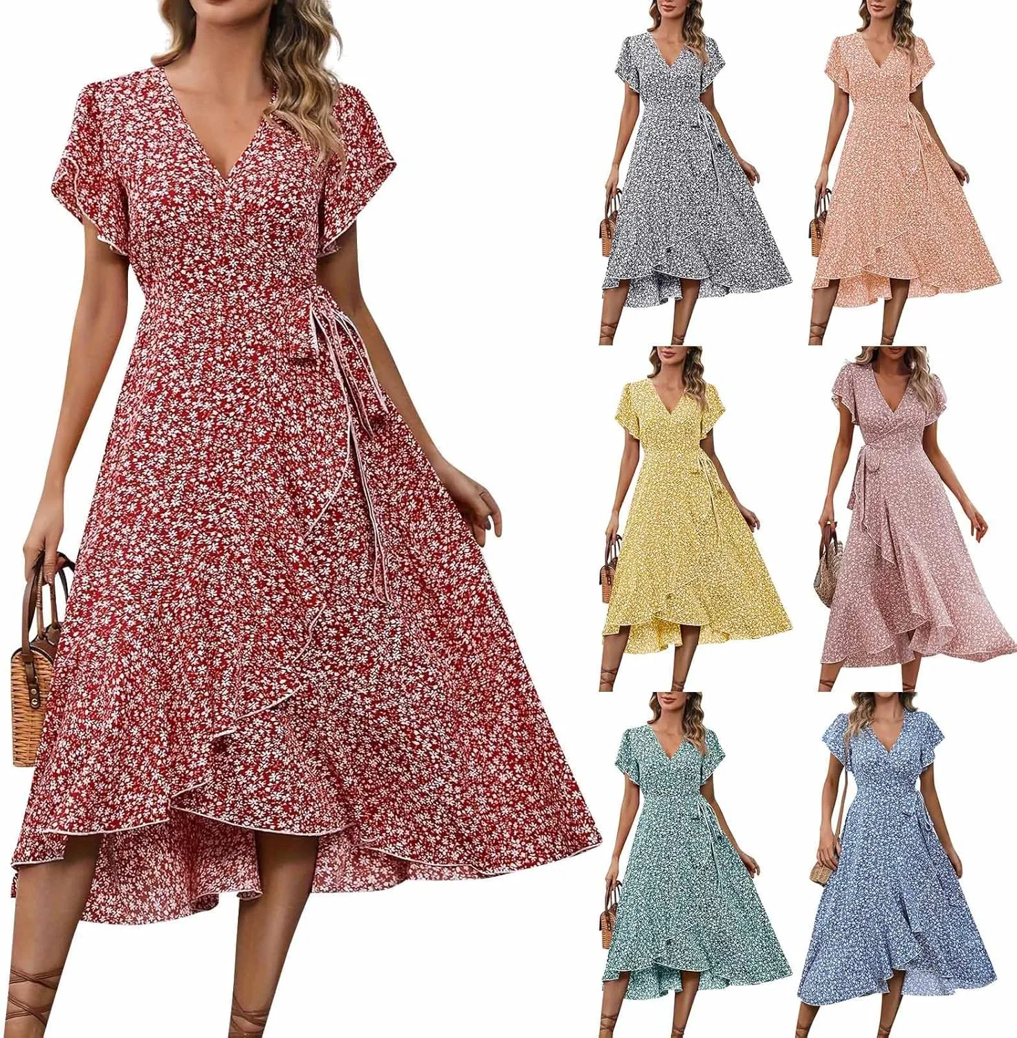 Summer Dresses for Women 2025,Womens Wrap V Neck Casual Dresses Floral Short Sleeve A-Line Ruffle Midi Sundress