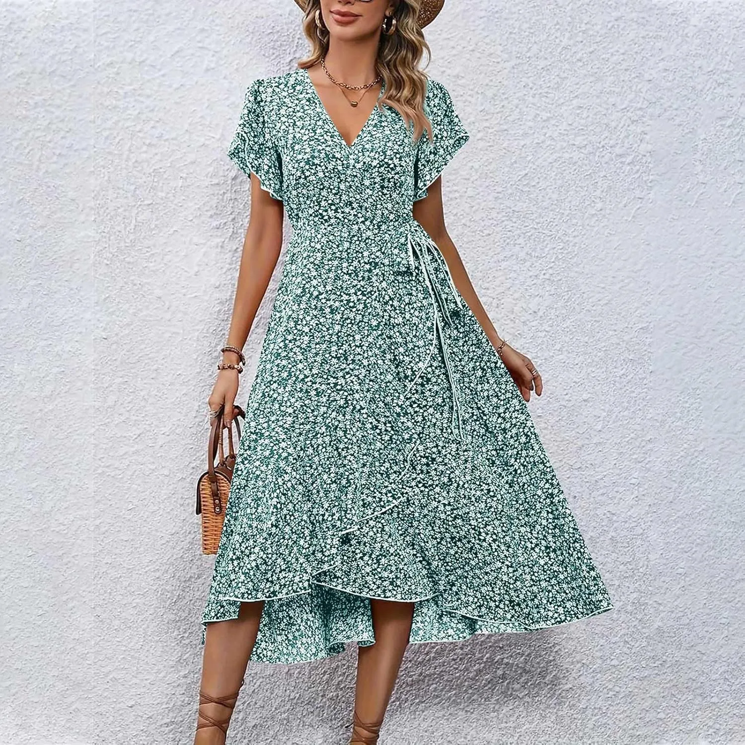 Summer Dresses for Women 2025,Womens Wrap V Neck Casual Dresses Floral Short Sleeve A-Line Ruffle Midi Sundress