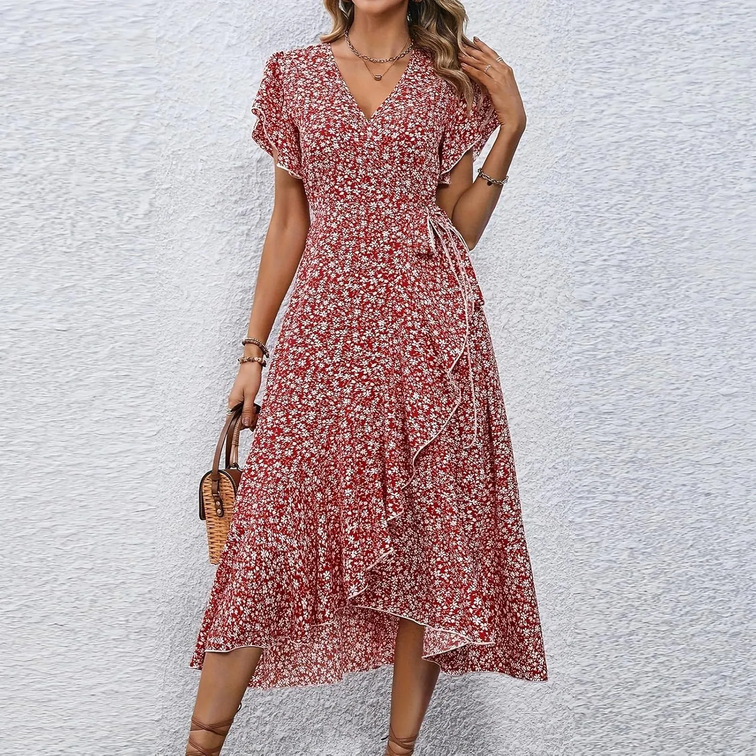 Summer Dresses for Women 2025,Womens Wrap V Neck Casual Dresses Floral Short Sleeve A-Line Ruffle Midi Sundress