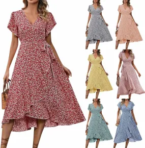 Summer Dresses for Women 2025,Womens Wrap V Neck Casual Dresses Floral Short Sleeve A-Line Ruffle Midi Sundress