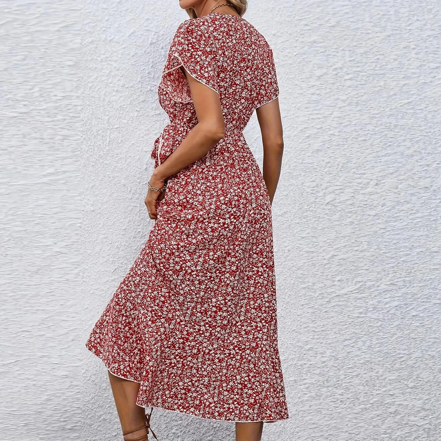 Summer Dresses for Women 2025,Womens Wrap V Neck Casual Dresses Floral Short Sleeve A-Line Ruffle Midi Sundress