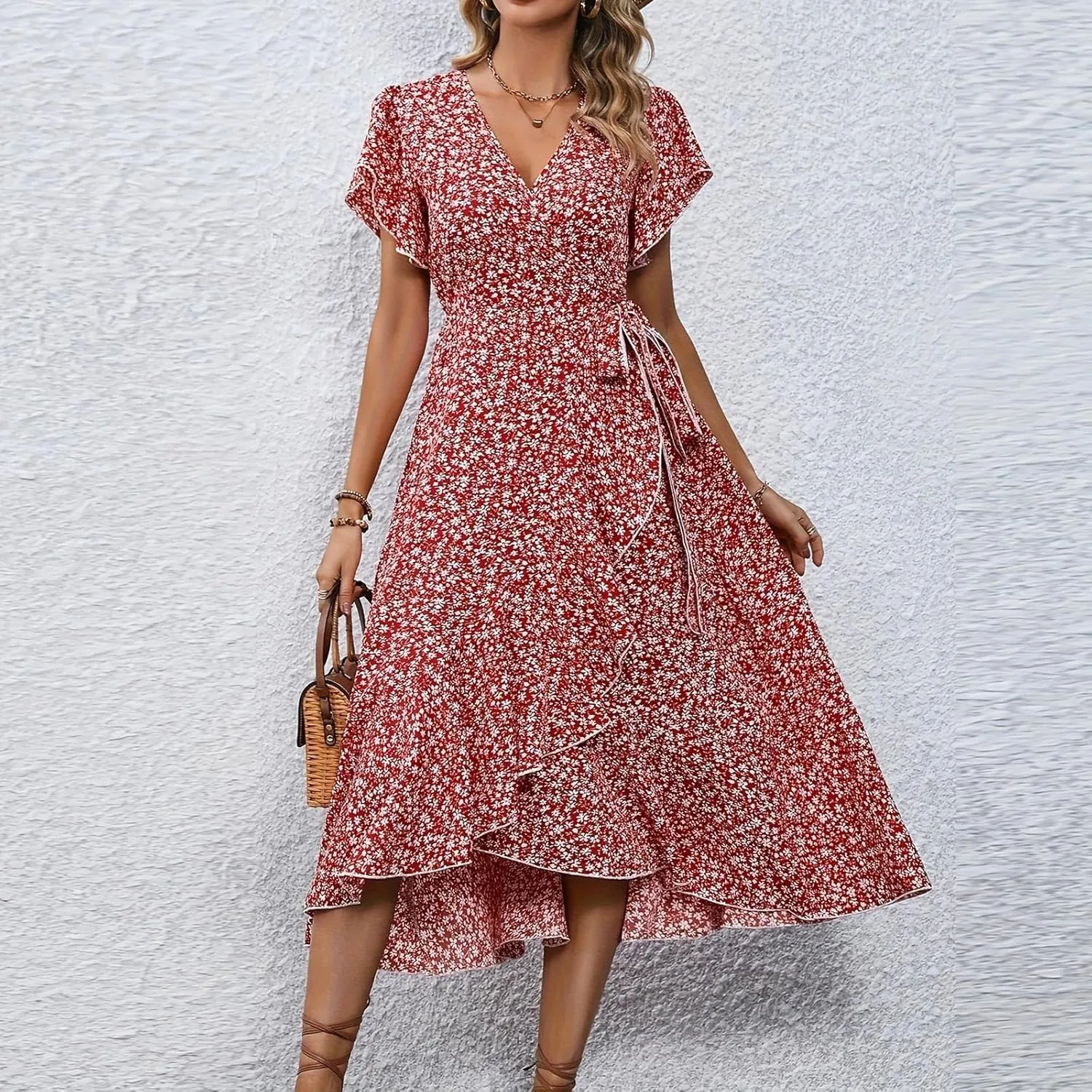 Summer Dresses for Women 2025,Womens Wrap V Neck Casual Dresses Floral Short Sleeve A-Line Ruffle Midi Sundress