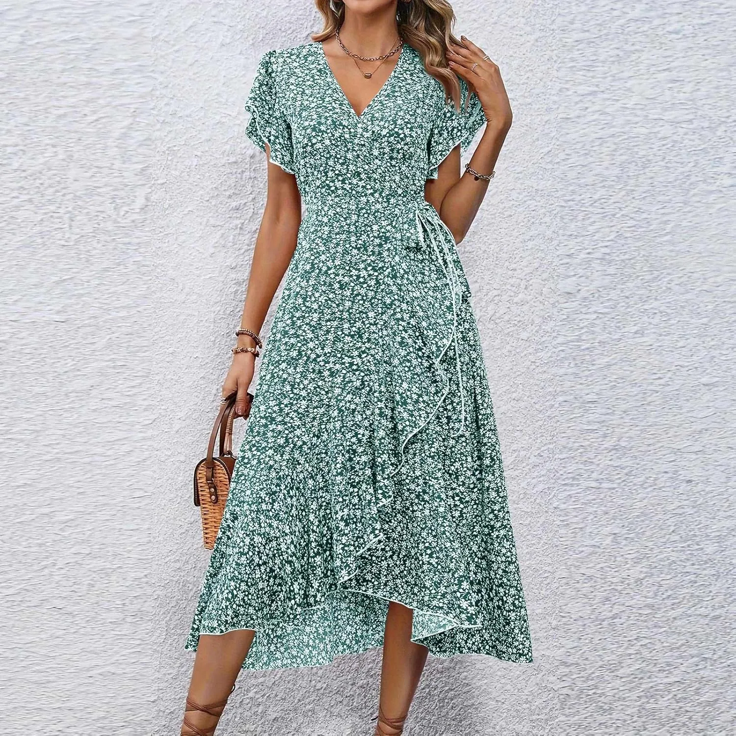 Summer Dresses for Women 2025,Womens Wrap V Neck Casual Dresses Floral Short Sleeve A-Line Ruffle Midi Sundress