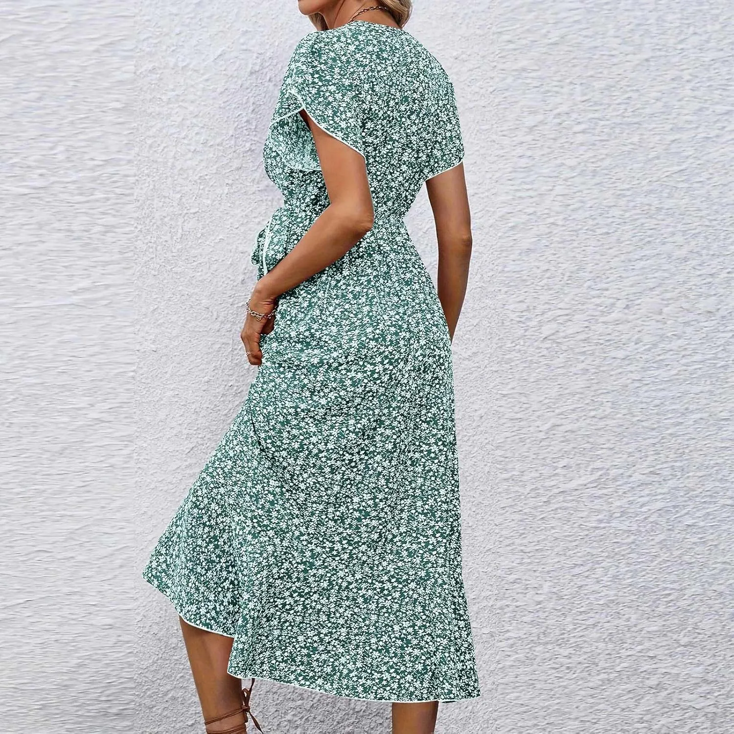 Summer Dresses for Women 2025,Womens Wrap V Neck Casual Dresses Floral Short Sleeve A-Line Ruffle Midi Sundress